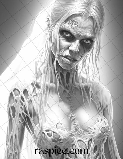Zombie Bride Coloring Page, Grayscale Adult Coloring Printable, Halloween Horror Art Therapy, Printable Instant Download Coloring, Creepy Wedding Coloring Sheet, Gothic Dark Fantasy Coloring, Haunting Mysterious Coloring Design, Creepy Halloween Coloring Scene