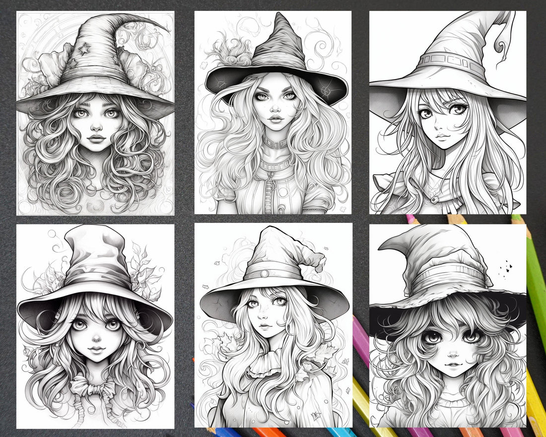 40 Cute Witches Coloring Pages Printable for Adults, Grayscale Colorin