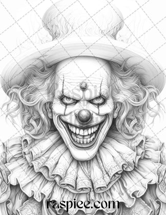 40 Spooky Clowns Grayscale Coloring Pages Printable for Adults, PDF Fi ...