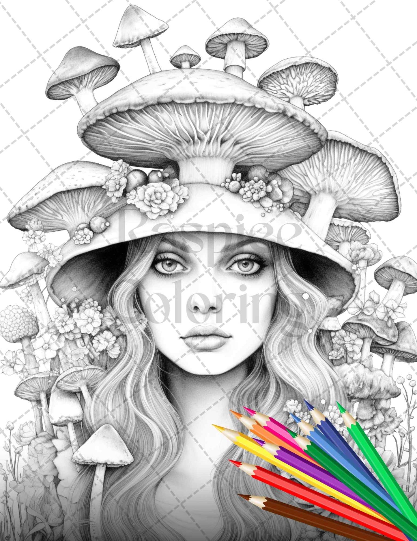 grayscale coloring pages, fairy coloring pages, mushroom art, printable coloring pages, adult coloring book