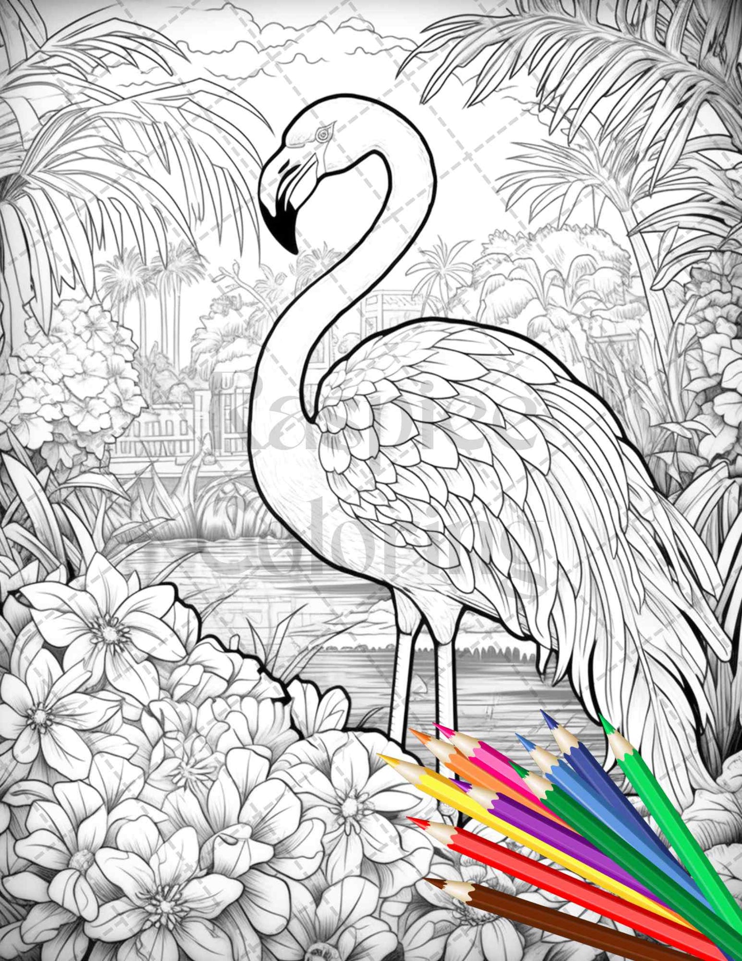 Flamingo Oasis Grayscale Coloring Pages Printable for Adults, detailed grayscale artwork, stress relief coloring, black and white coloring book, printable animal illustrations, relaxing nature theme coloring pages