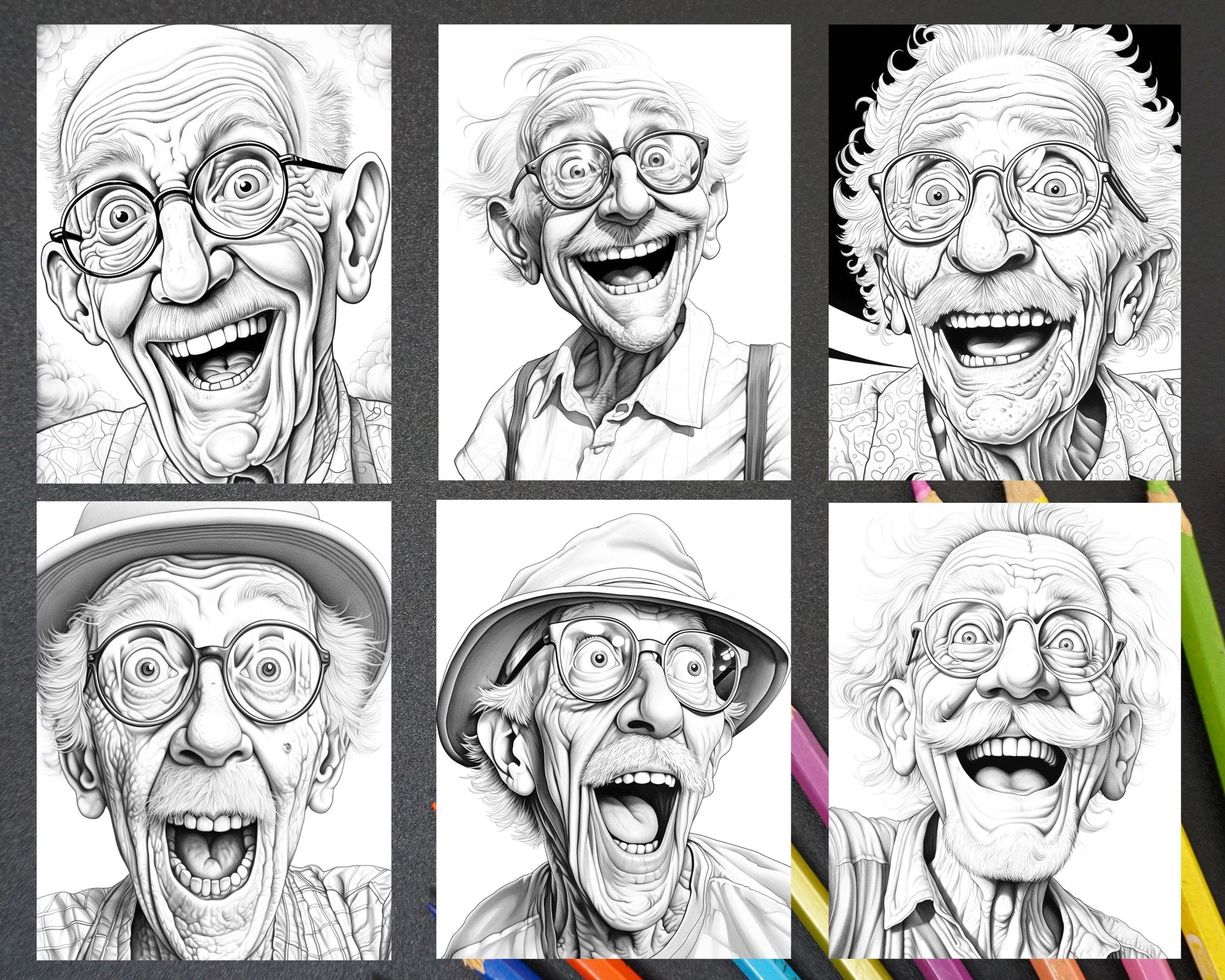 50 Funny Grandpa Grayscale Coloring Pages for Adults, Printable PDF In ...