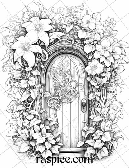 Flower fairy doors grayscale coloring pages, Printable coloring pages for adults, Grayscale art for coloring, Flower and fairy coloring book, Intricate grayscale designs for adults