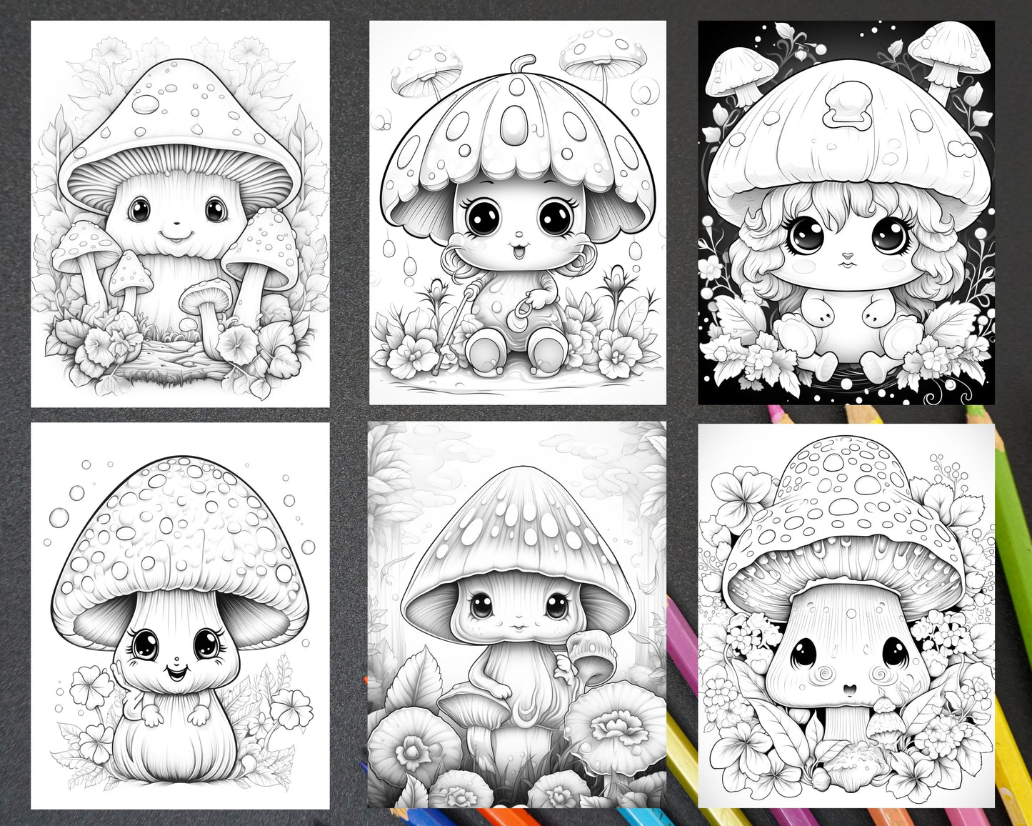 Kawaii Mushroom Coloring Pages, Grayscale Coloring for Adults, Cute Mushroom Coloring Pages, Stress-Relief Coloring, Kawaii Coloring Pages for Adults, Kawaii Coloring Book Printable, Kawaii Coloring Sheets