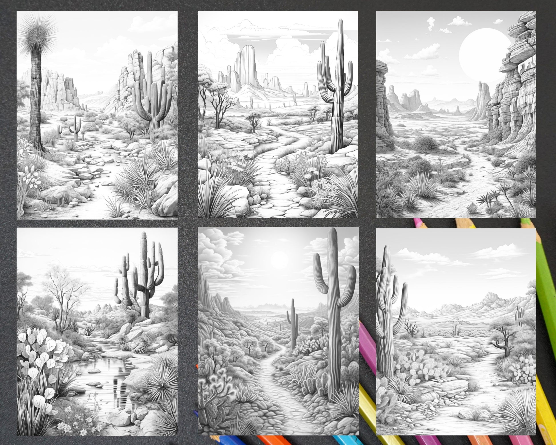 Grayscale Desert Landscapes Printable Adults, Adult Coloring Pages Desert Landscapes, Printable Desert Landscape Coloring Pages, Creative Desert Theme Coloring Prints, Nature Coloring Pages Desert Scenery