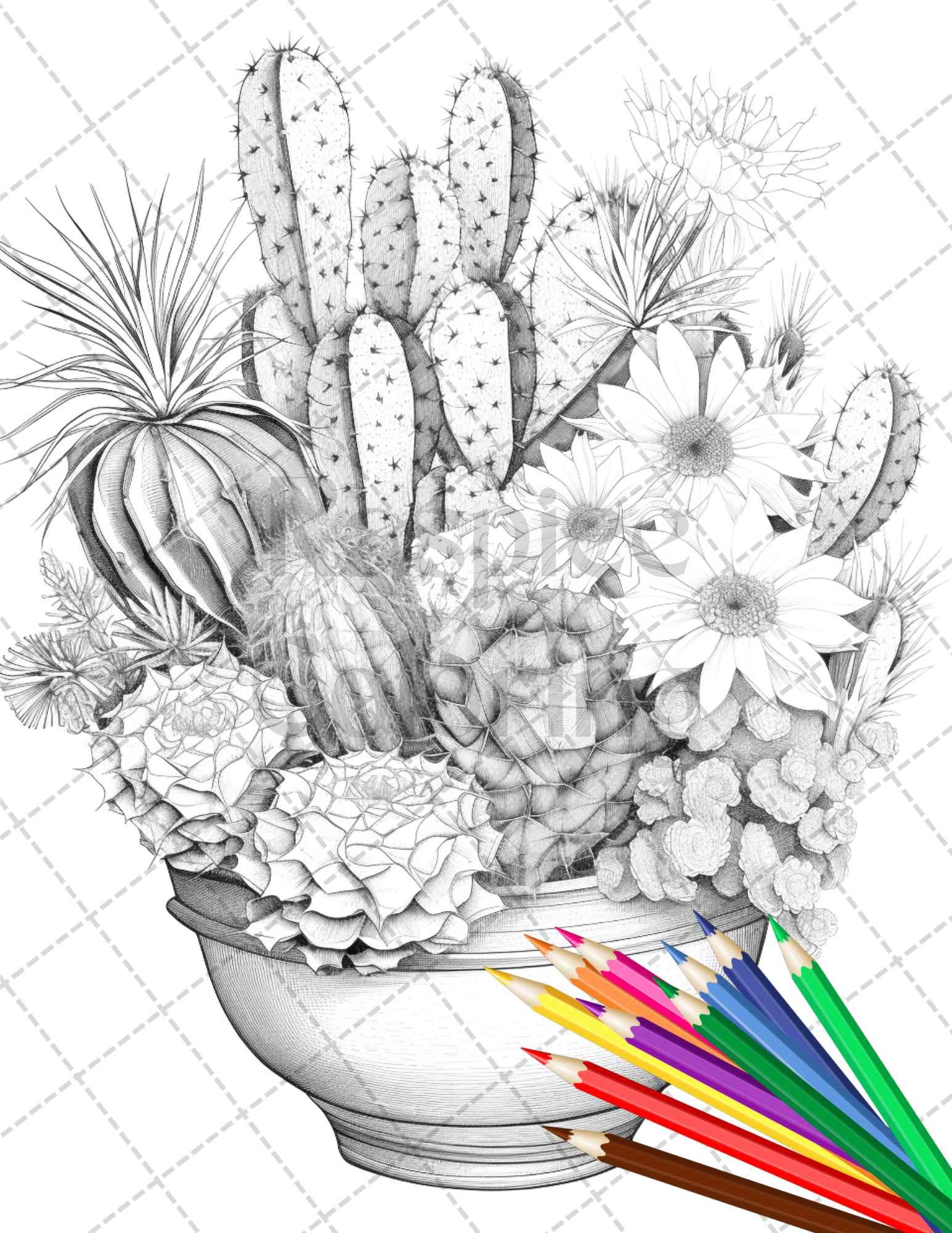 printable succulent coloring page 40 Charming Cactus Pots Grayscale Coloring Pages Printable for Adults, – RASPIEE
