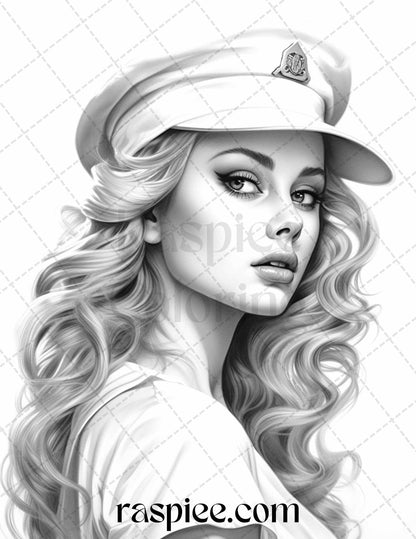 grayscale coloring pages, printable for adults, sailor pin-up girls, instant download, nautical theme coloring page for adults, portrait coloring pages for adults