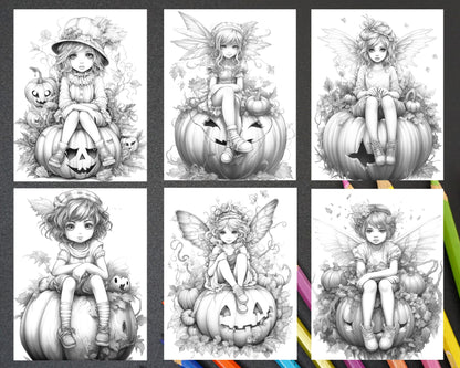 Pumpkin Fairy Girls Grayscale Coloring Pages, Halloween Art, Printable for Adults, Fantasy Illustrations, fall coloring pages for adults, halloween coloring pages for adults