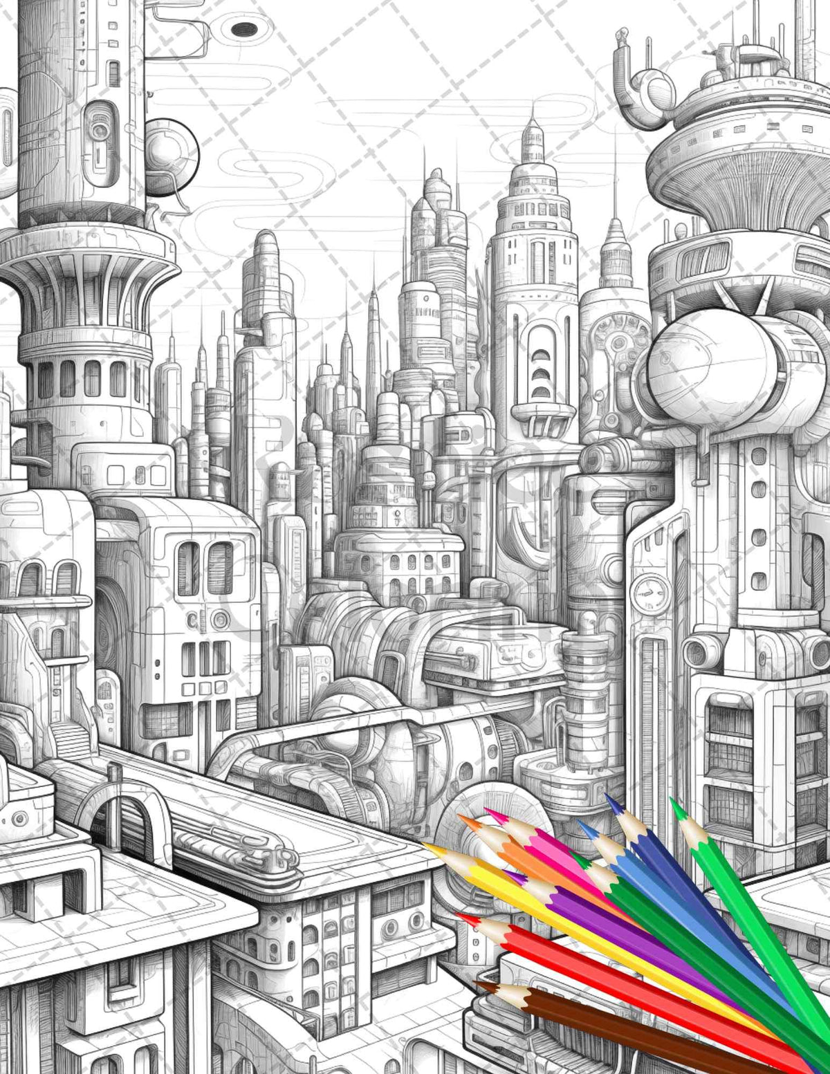 50 Futuristic Metropolis Grayscale Coloring Pages Printable for Adults