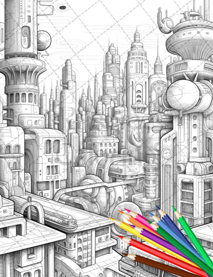 futuristic coloring pages, grayscale coloring book, printable adult coloring pages, cityscape coloring sheets, urban coloring art, metropolis coloring illustrations, detailed grayscale designs, adult coloring book pages, Futuristic city coloring, printable grayscale artwork, coloring pages for adults, high-quality coloring prints, urban landscape coloring, futuristic art therapy, stress-relieving coloring sheets