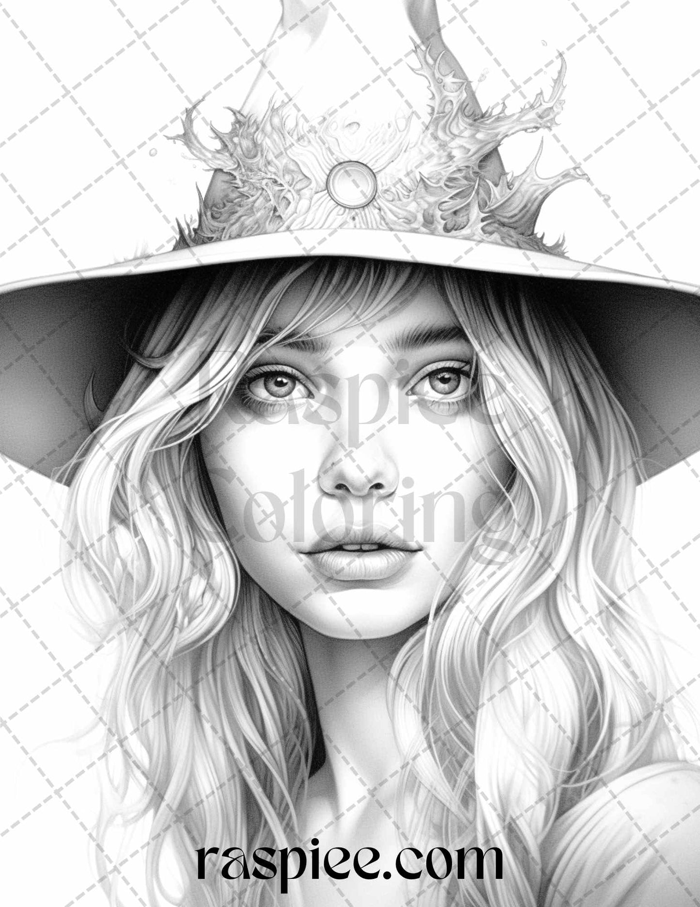 Witchy Wonders Grayscale Coloring Page for Adults, Printable Witchcraft-Themed Coloring Page, Halloween Coloring Pages for Adults