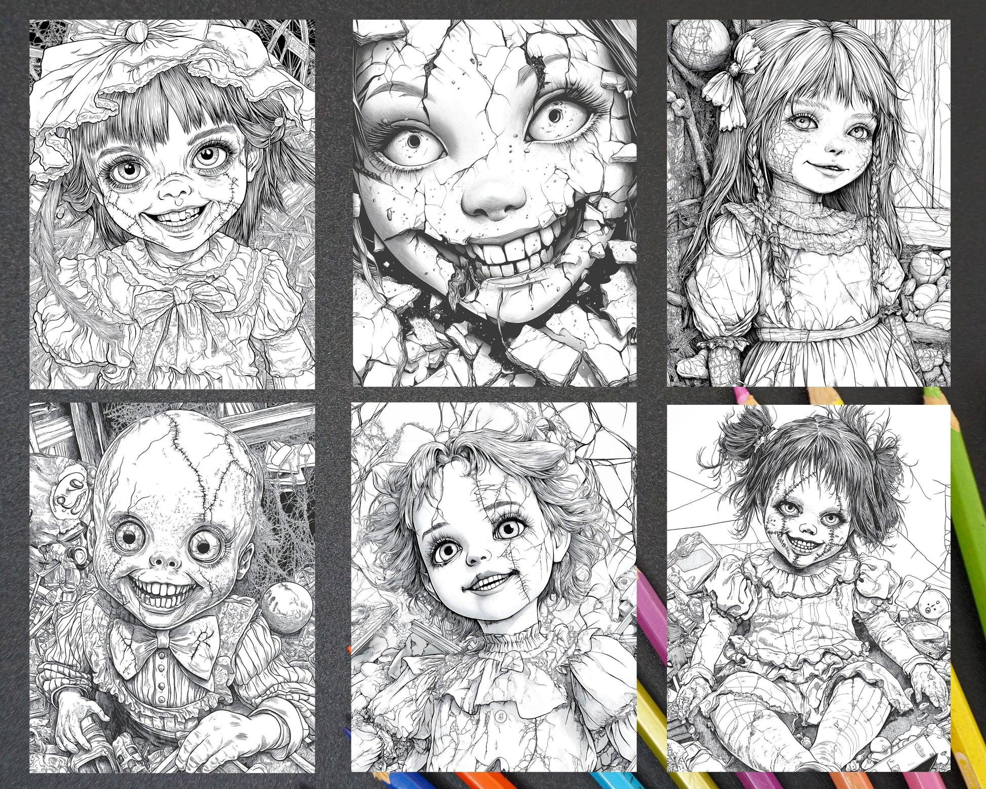 Haunted Dolls Halloween Horror Adult Coloring Pages Printable PDF Instant Download - RASPIEE