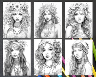 43 Beautiful Hippie Girls Grayscale Coloring Pages Printable for Adult ...