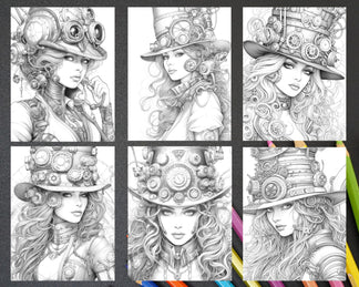 40 Steampunk Ladies Grayscale Coloring Pages Printable for Adults, PDF ...