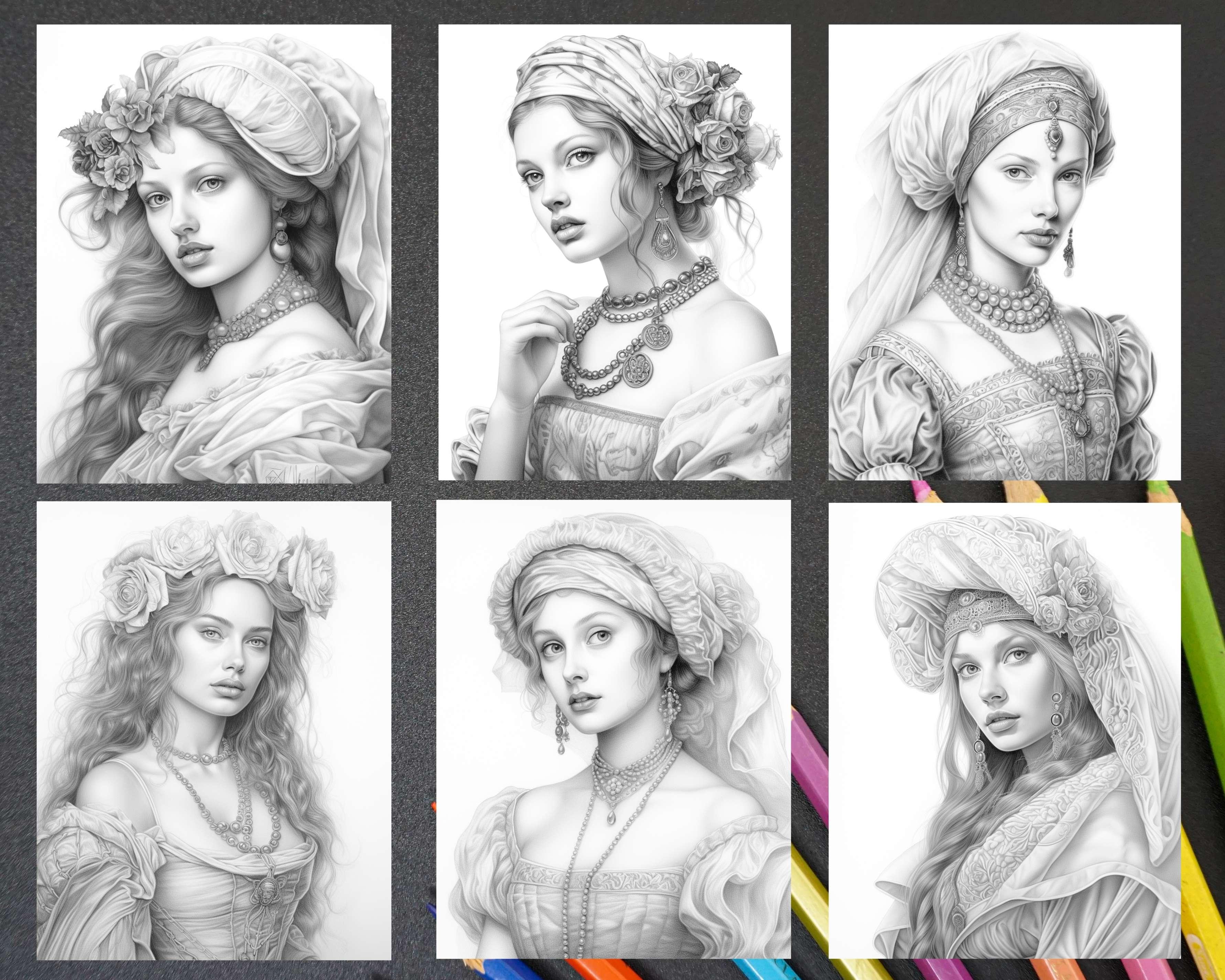 65 Renaissance Beauties Grayscale Coloring Pages for Adults, Printable ...