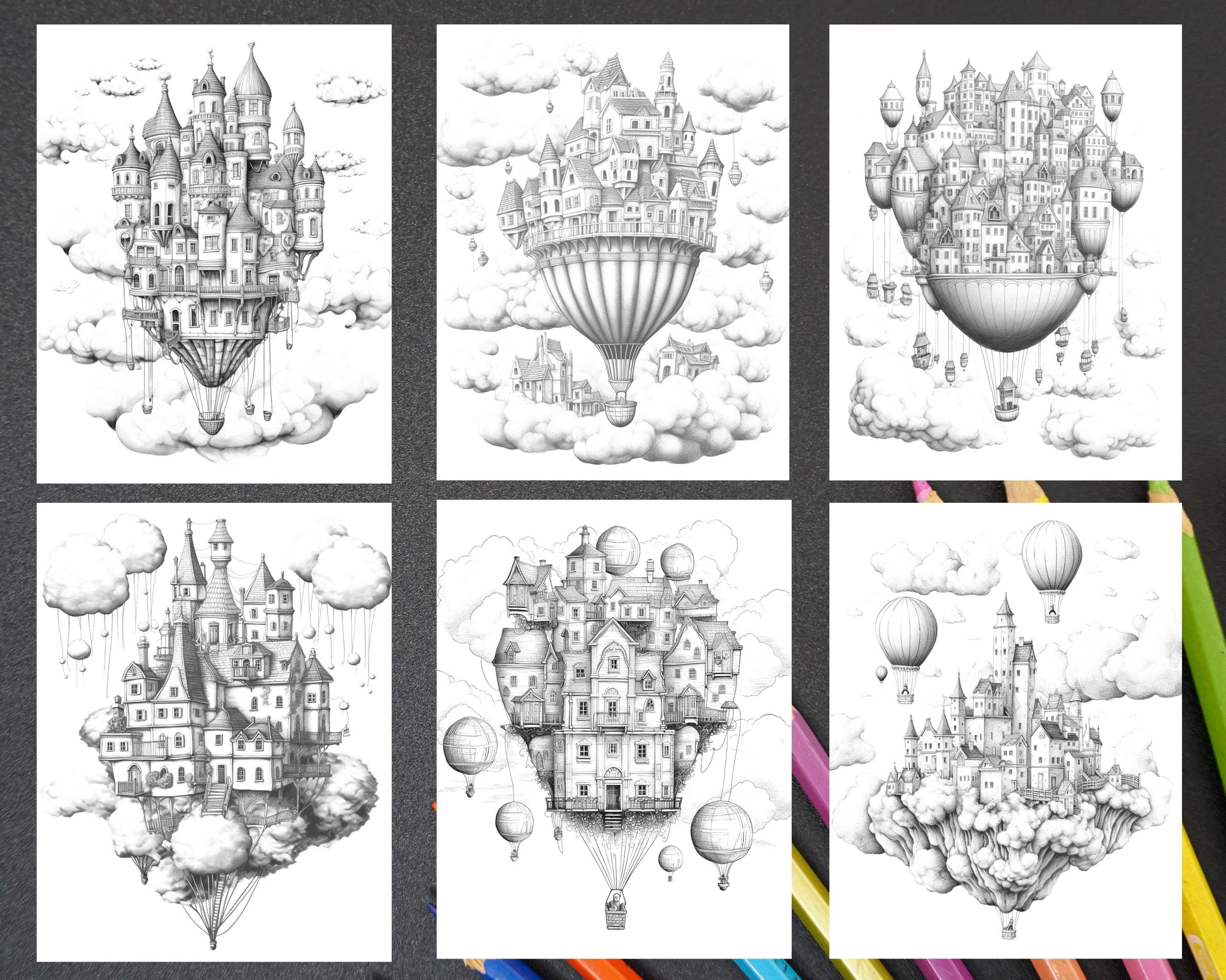 fantasy sky house grayscale coloring page, adult printable coloring page, black and white coloring design, grayscale coloring for adults, detailed fantasy coloring sheet, intricate printable coloring art, stress-relieving grayscale image, mindful coloring page for adults, art therapy grayscale picture, printable sky houses coloring