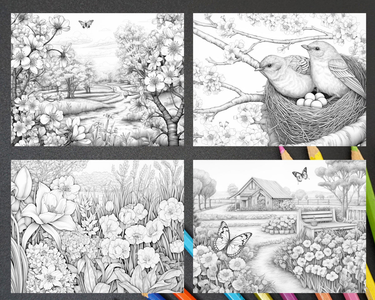 Farm Spring Coloring Pages 40 Spring Farm Life Grayscale Adult Coloring Pages, Printable PDF Inst ...