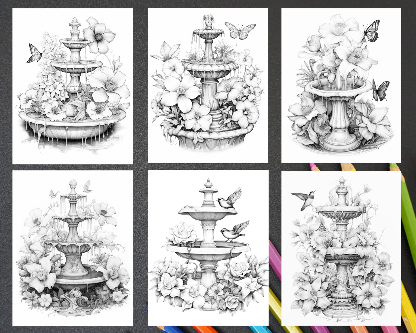 blooming fountains grayscale coloring pages, printable coloring pages for adults, stress relief art, grayscale fountain drawings