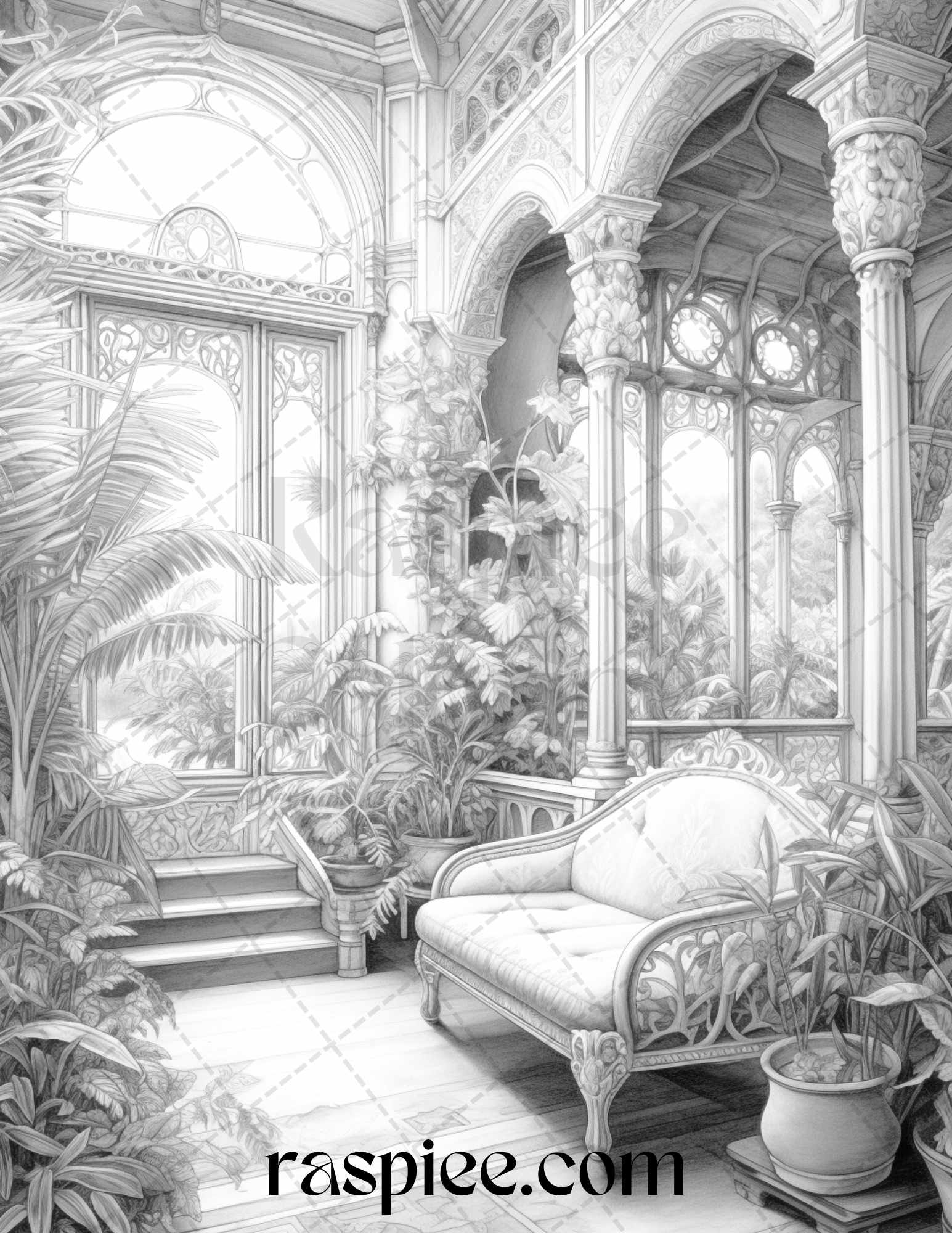 Fantasy Interior Grayscale Coloring Pages, Printable Coloring Sheets for Adults, Instant Downloadable Coloring Book, Grayscale Printable Art for Stress Relief