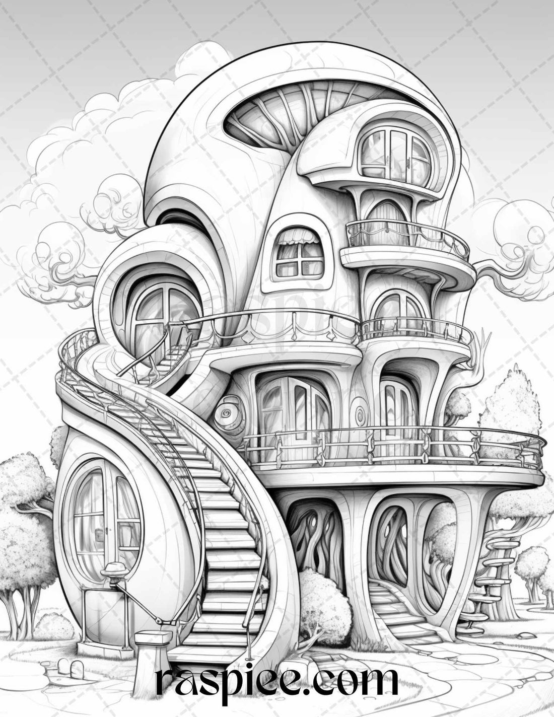 43 Futuristic Houses Grayscale Coloring Pages Printable for Adults, PD