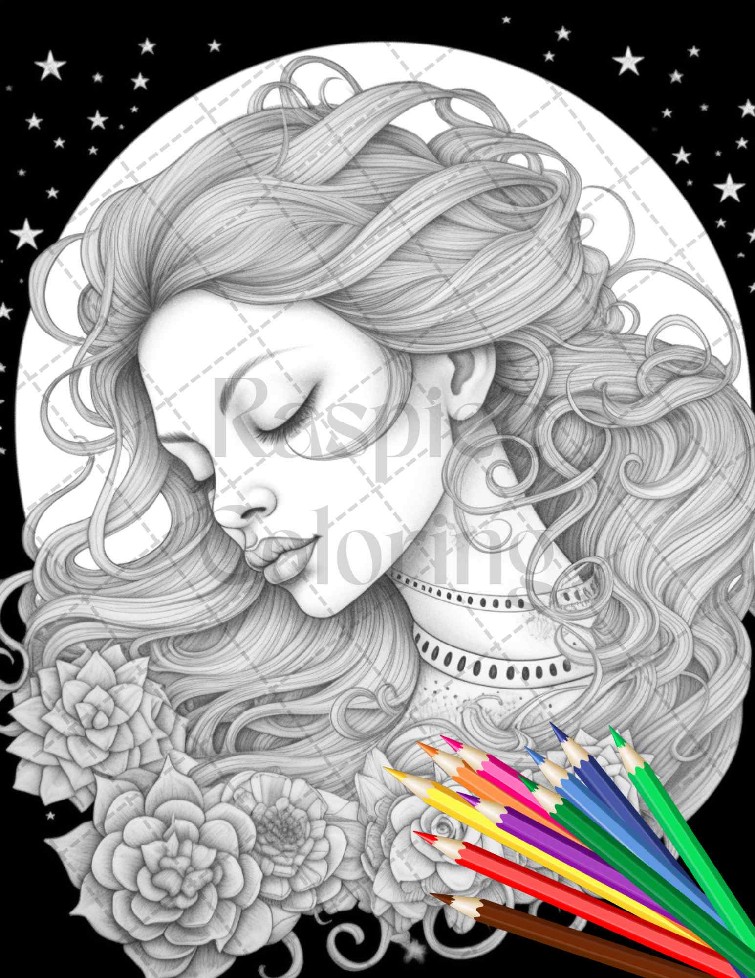 34 Beautiful Moon Fairies Grayscale Coloring Pages Printable for Adults, PDF File Instant Download - raspiee