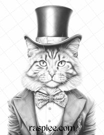 Gentleman Cat Grayscale Coloring Pages Printable for Adults Kids, PDF ...