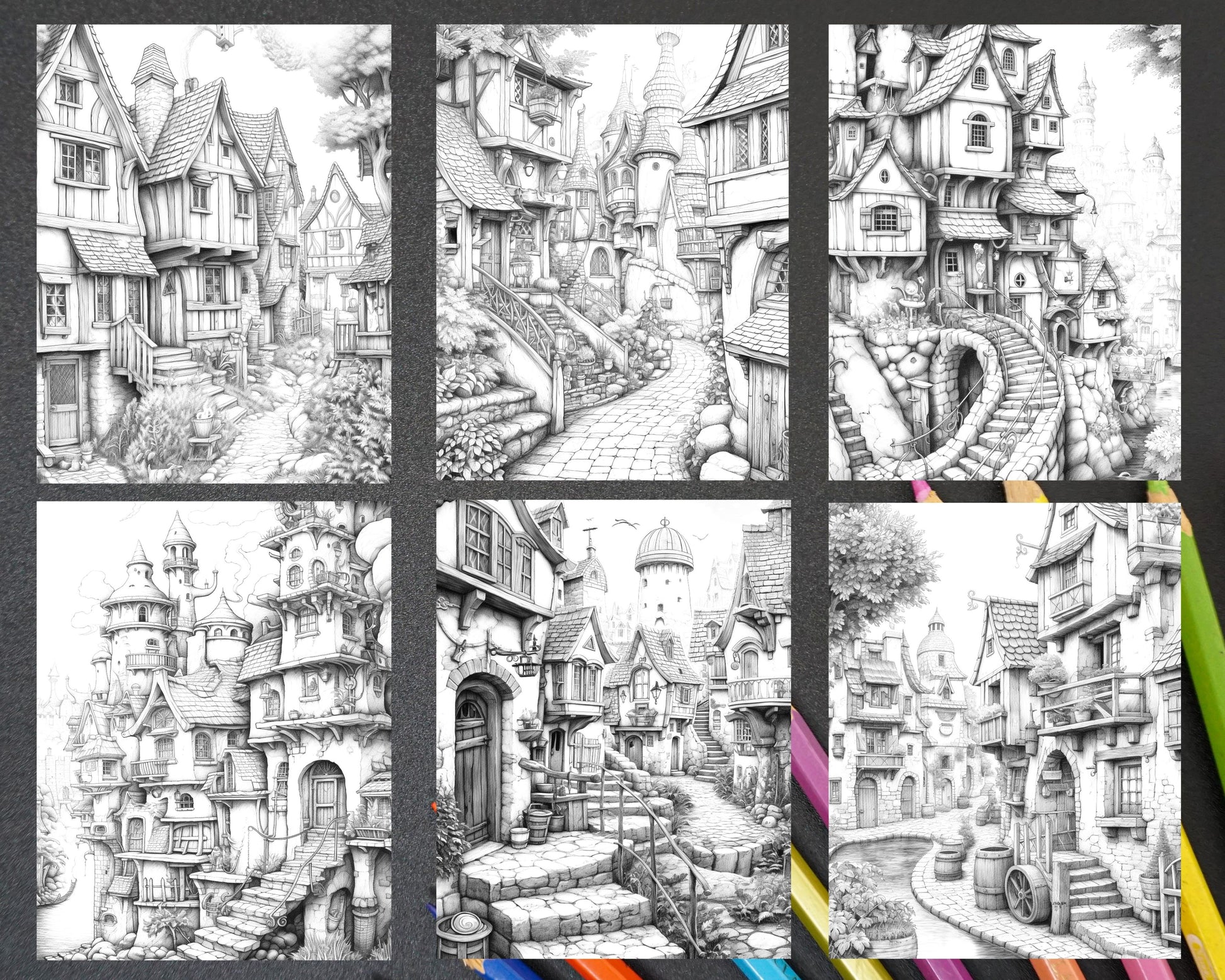 Fantasy Village Grayscale Coloring Pages for Adults, Printable Adult Coloring Pages - Fantasy Village, Grayscale Coloring Art for Stress Relief - Village Scene, Detailed Coloring Pages - Fantasy Village Illustration, Printable Fantasy Art for Adult Coloring - Village Theme