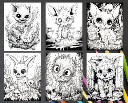 Halloween Scary Animals Grayscale Coloring Page, Halloween Coloring Pages for Adults, horror spooky coloring pages for adults