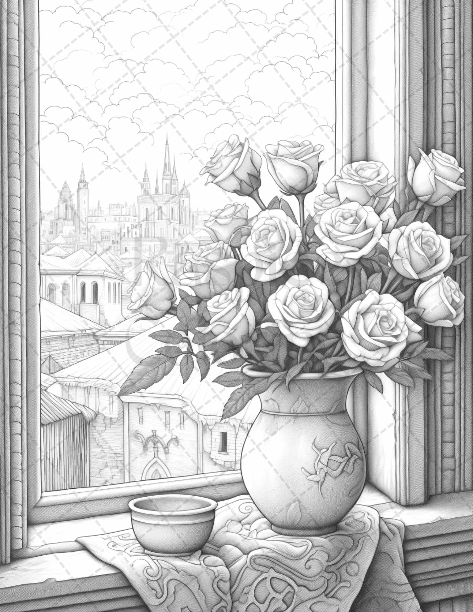 grayscale coloring page with captivating roses, printable adult coloring page with roses in grayscale, rose drawings for grayscale coloring, floral grayscale coloring sheet for adults, high-quality grayscale art with rose patterns