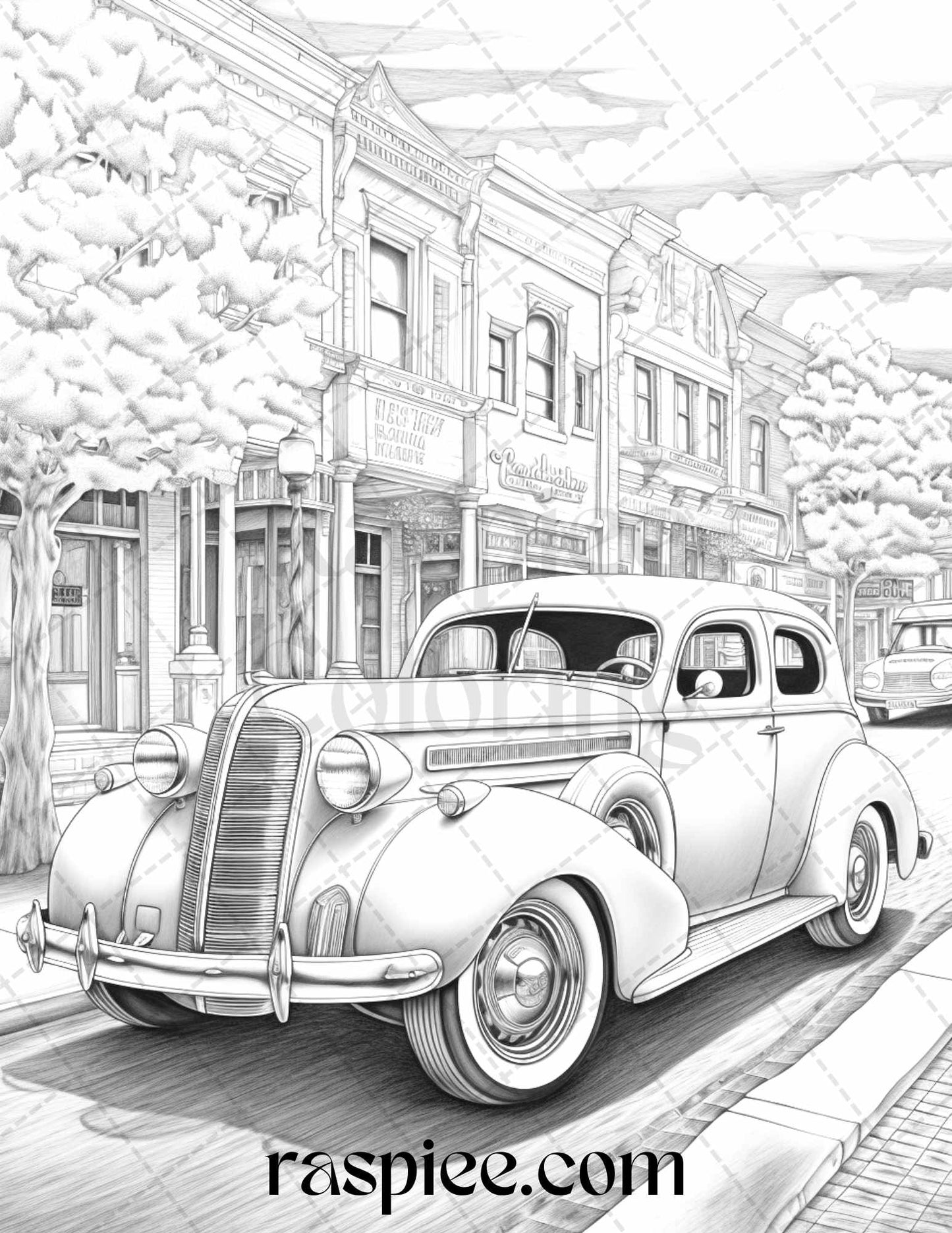 vintage cars coloring pages, grayscale printable for adults, vintage car illustrations, retro coloring sheets