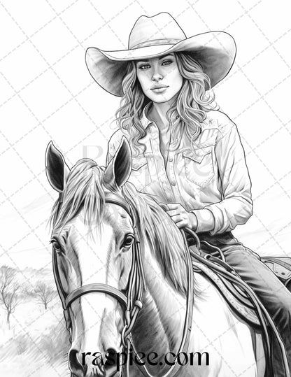 Grayscale coloring page of a beautiful cowgirl, Printable cowgirl artwork for adults, Adult coloring book featuring cowgirl illustrations, Black and white cowgirls coloring sheet, Cowgirl-themed crafts grayscale coloring