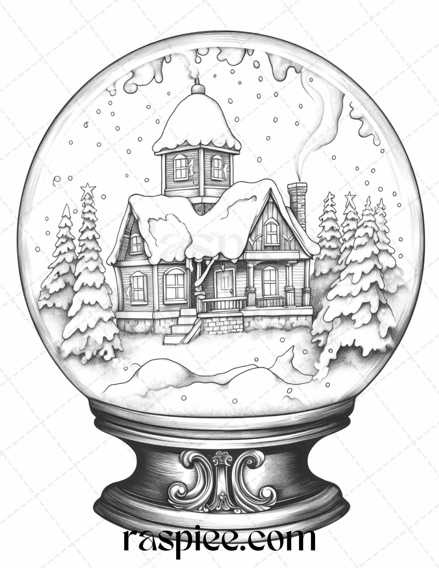Snow Globe Grayscale Coloring Page, Cozy Cabin Winter Coloring Printable, Relaxing Snow Scene Adult Coloring, Detailed Winter Cabin Artwork, Intricate Holiday Coloring Page