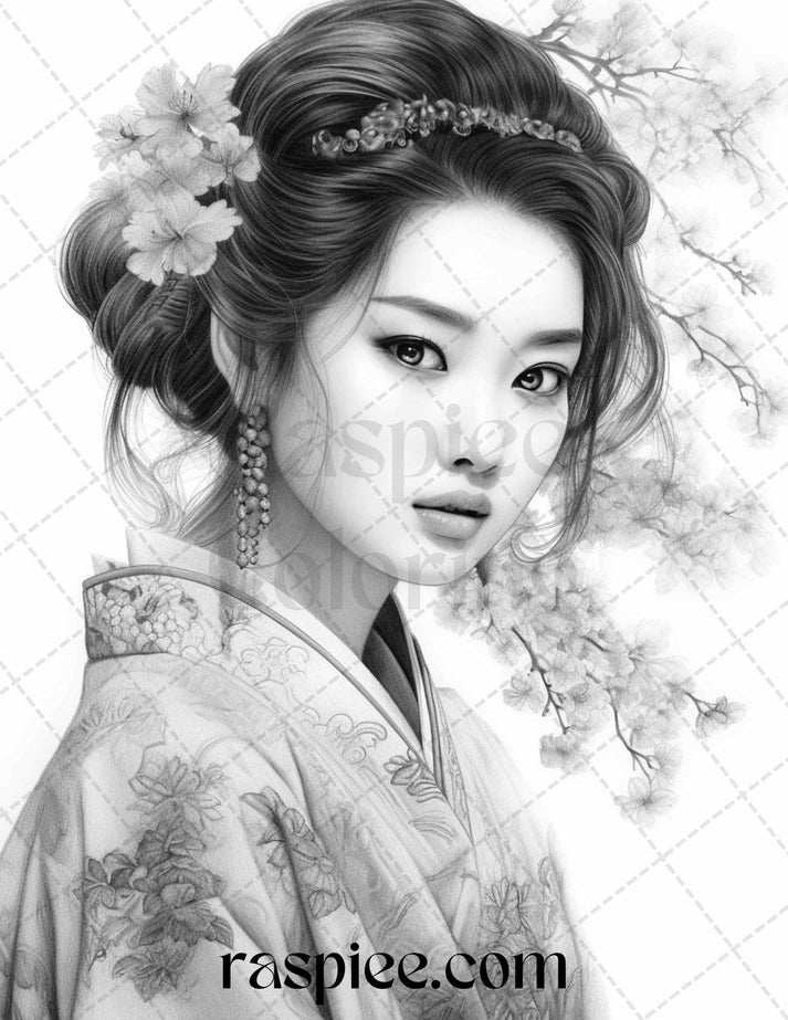 40 Beautiful Japanese Girls Grayscale Coloring Pages Printable for Adu