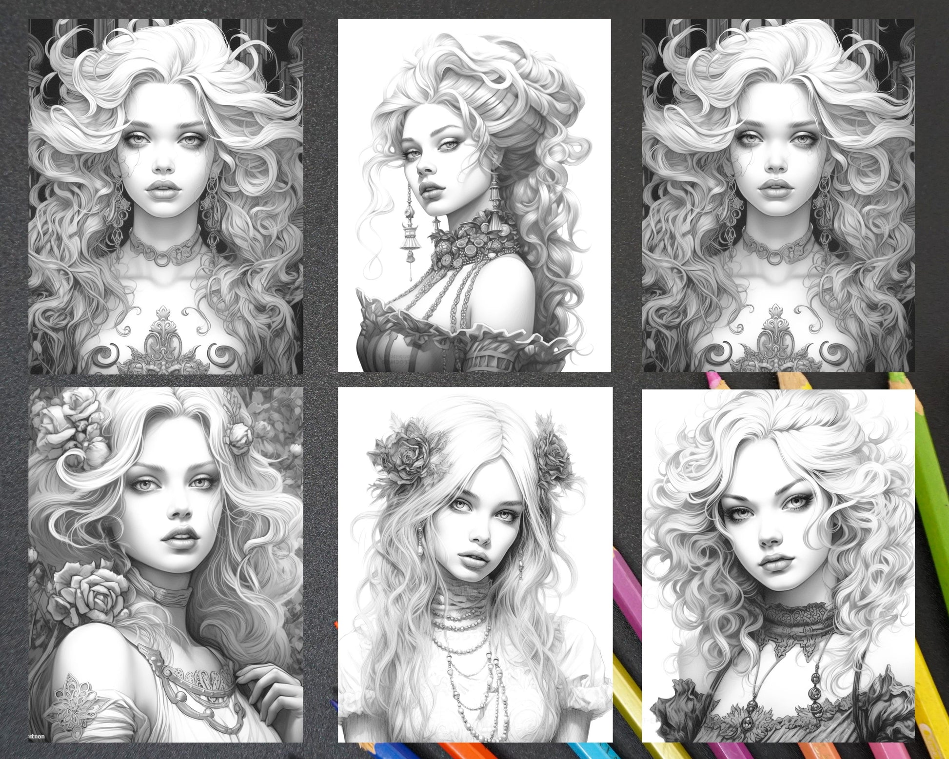 Gothic Girls Grayscale Coloring Page for Adults | Printable Dark Fantasy Artwork