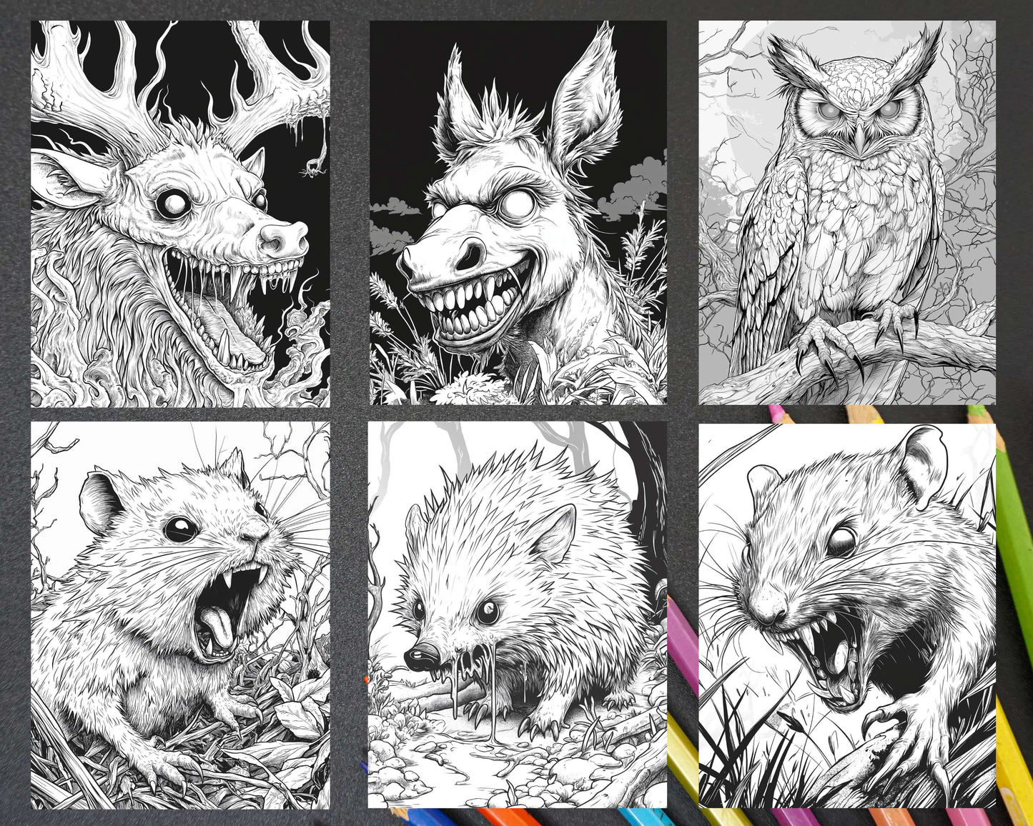 Horror Animals Halloween Adult Coloring Pages Printable PDF Instant Download