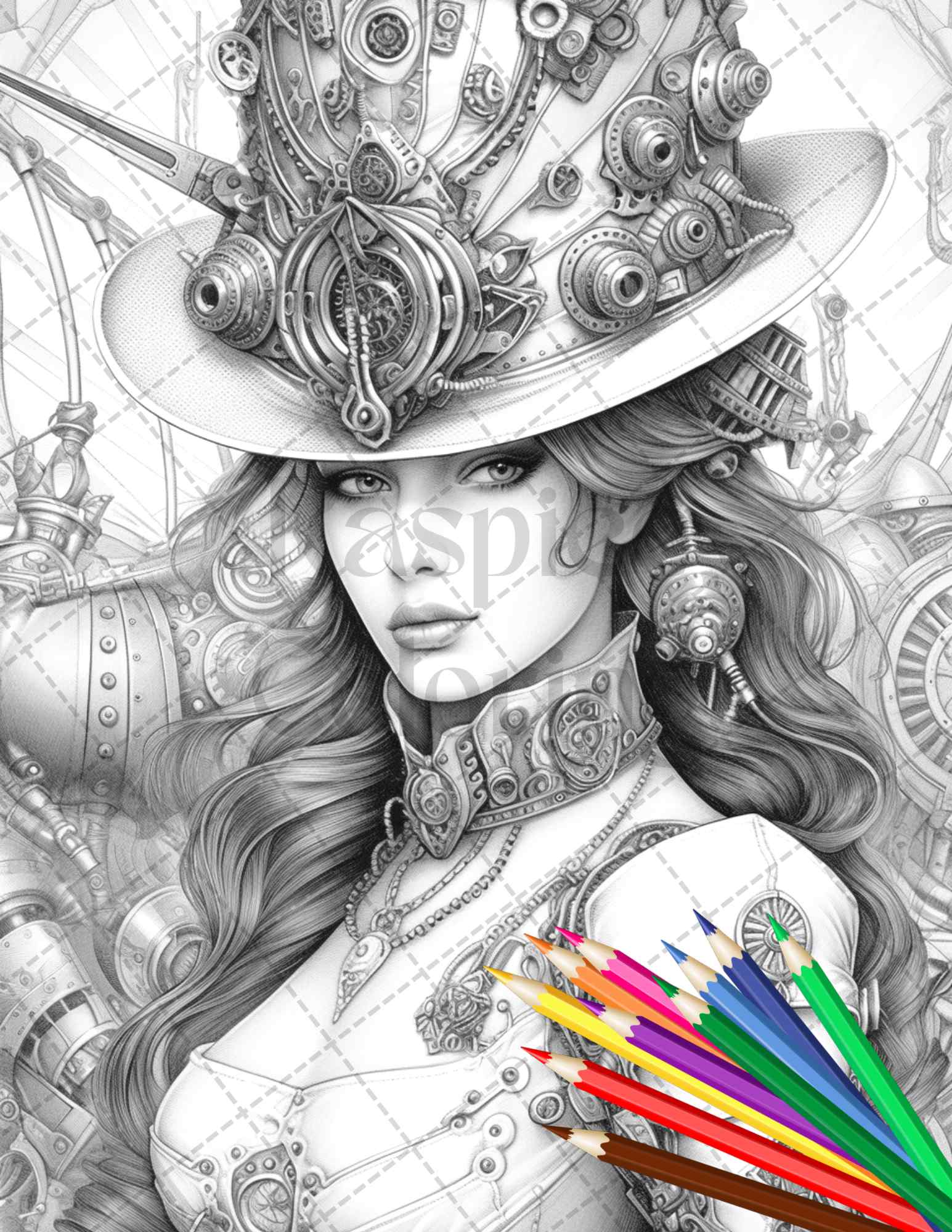 steampunk ladies grayscale coloring pages, printable coloring for adults, black and white coloring sheets, Victorian-style grayscale illustrations, intricate designs for coloring, portrait coloring pages