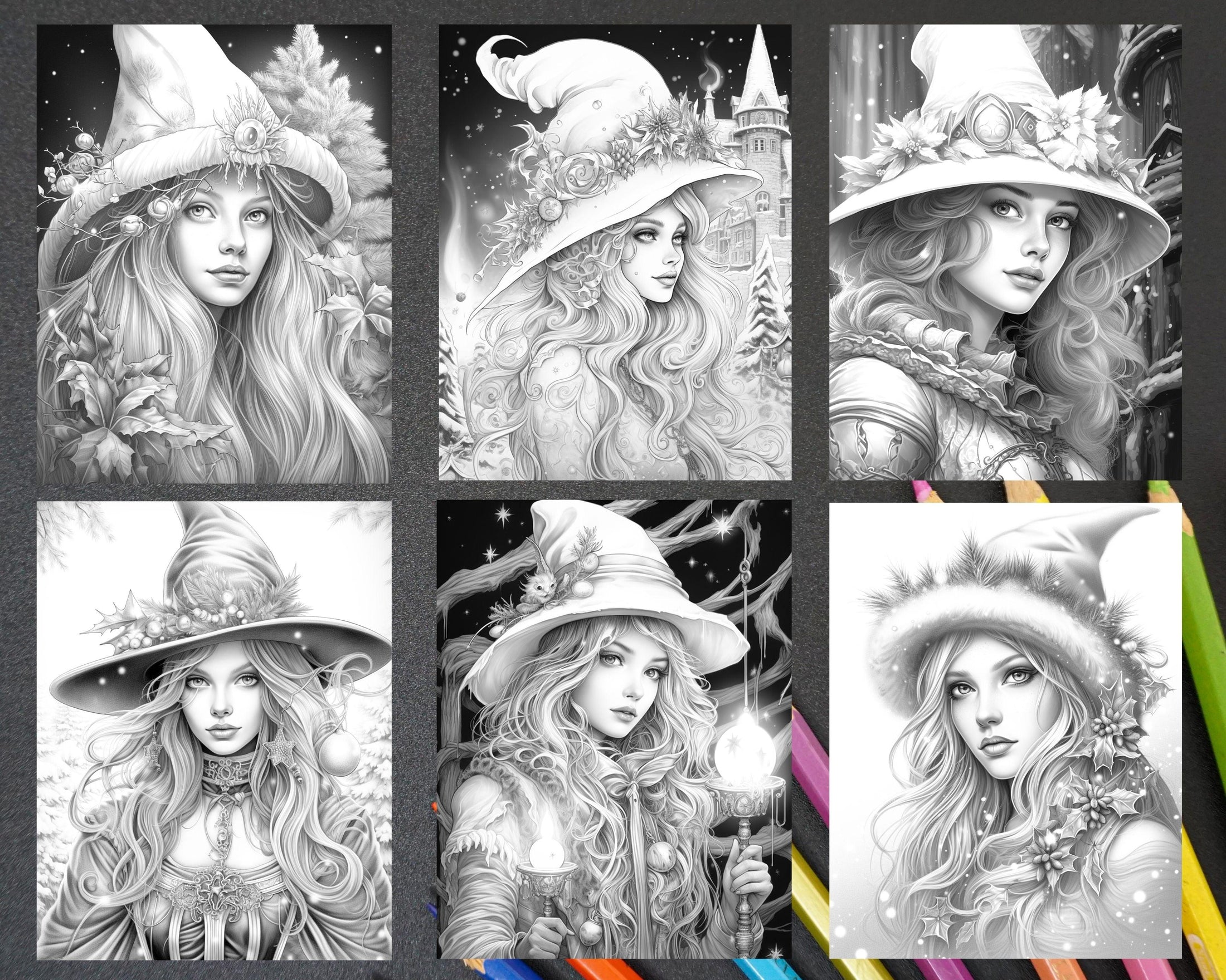 50 Christmas Witch Grayscale Coloring Pages for Adults, Printable PDF ...