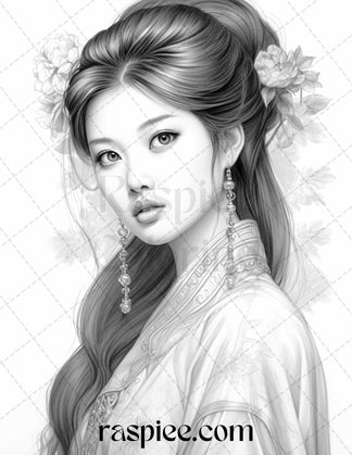 40 Beautiful Chinese Girls Grayscale Coloring Pages for Adults, Printa ...