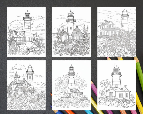 100 Printable Lighthouse Scene Coloring Pages for Adults, Printable PD