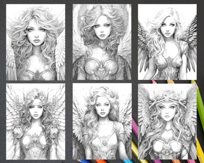 grayscale coloring pages, angels coloring pages, adult coloring, printable angels, grayscale artwork, portrait coloring pages for adults