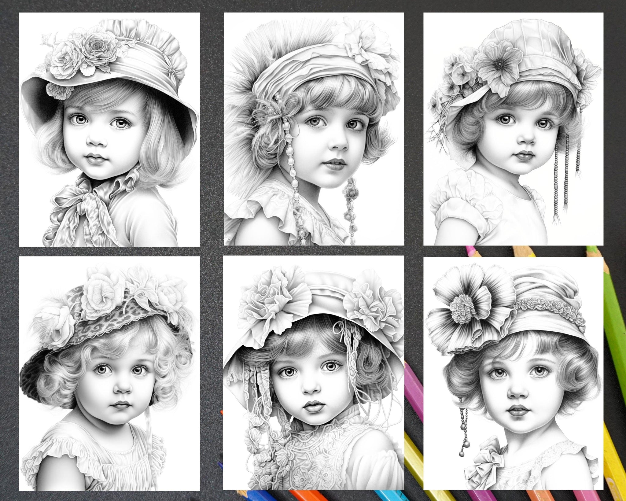 50 Vintage Flapper Baby Girls Grayscale Coloring Pages for Adults, Pri ...