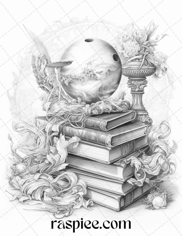 50 Magical Books Grayscale Coloring Pages Printable for Adults, PDF Fi