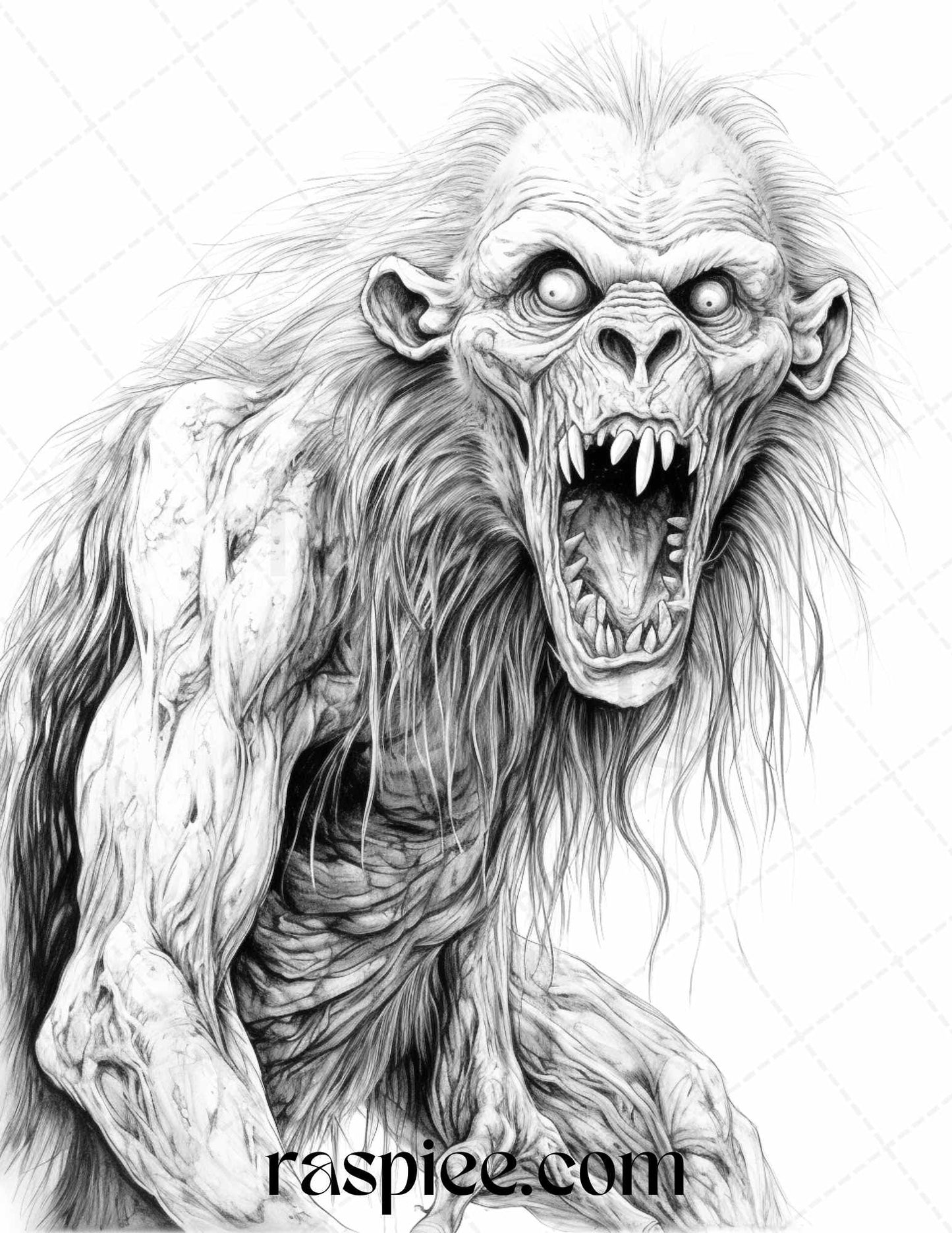Spooky Zombie Animals Grayscale Coloring Page, Halloween Horror Coloring Book Printable, Zombie Animals Adult Coloring Pages, Scary Creatures Grayscale Art, Creepy Monsters Halloween Coloring, Instant Download Halloween Art