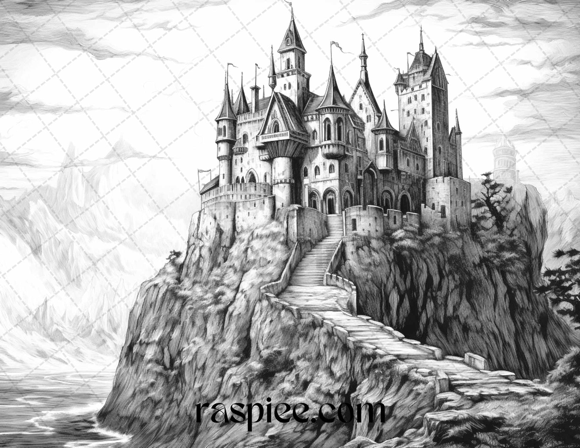 Halloween Landscape Coloring Page, Grayscale Witchcraft Coloring Printable, Spooky Autumn Scene Coloring Sheet, Dark Fantasy Printable Coloring, Haunted Forest Coloring Page, Creepy October Landscape Printable, Witch and Wizard Adult Coloring, Seasonal Grayscale Coloring Page