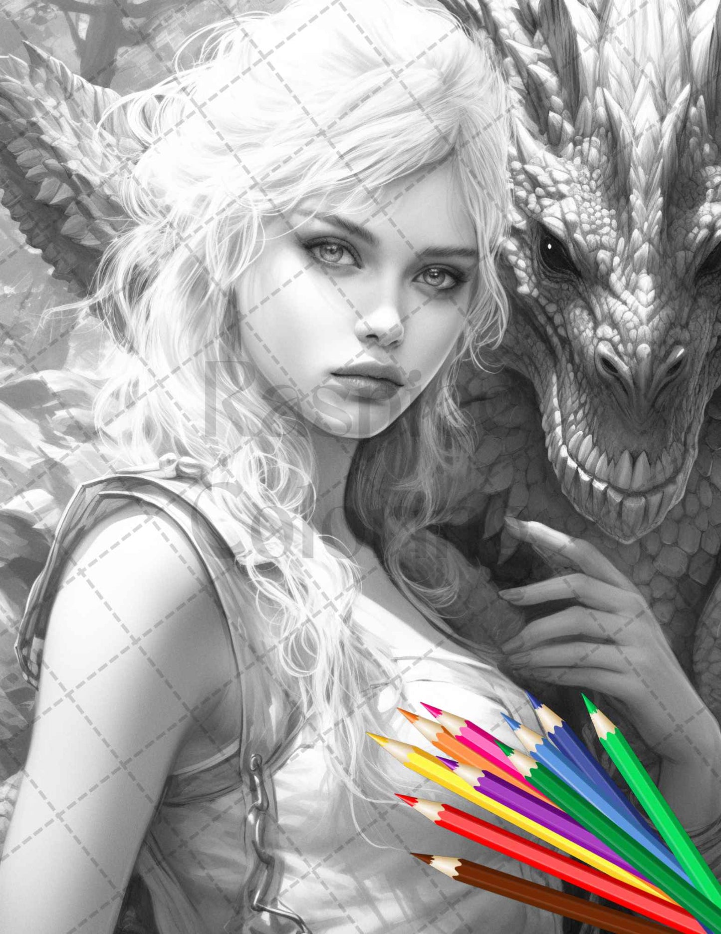 grayscale coloring pages, printable dragons, enchanted dragon queens, adult coloring book, fantasy art, detailed coloring illustrations, grayscale art, mythical creatures, magical queens, dragon illustrations, coloring for adults