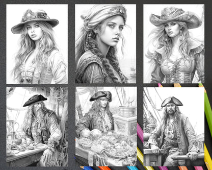Pirate Life Grayscale Coloring Page, Nautical Designs Coloring Printable, Adult Stress Relief Coloring Page, Detailed Coloring for Adults, Intricate Pirate Artwork Download, DIY Crafts Coloring Sheet