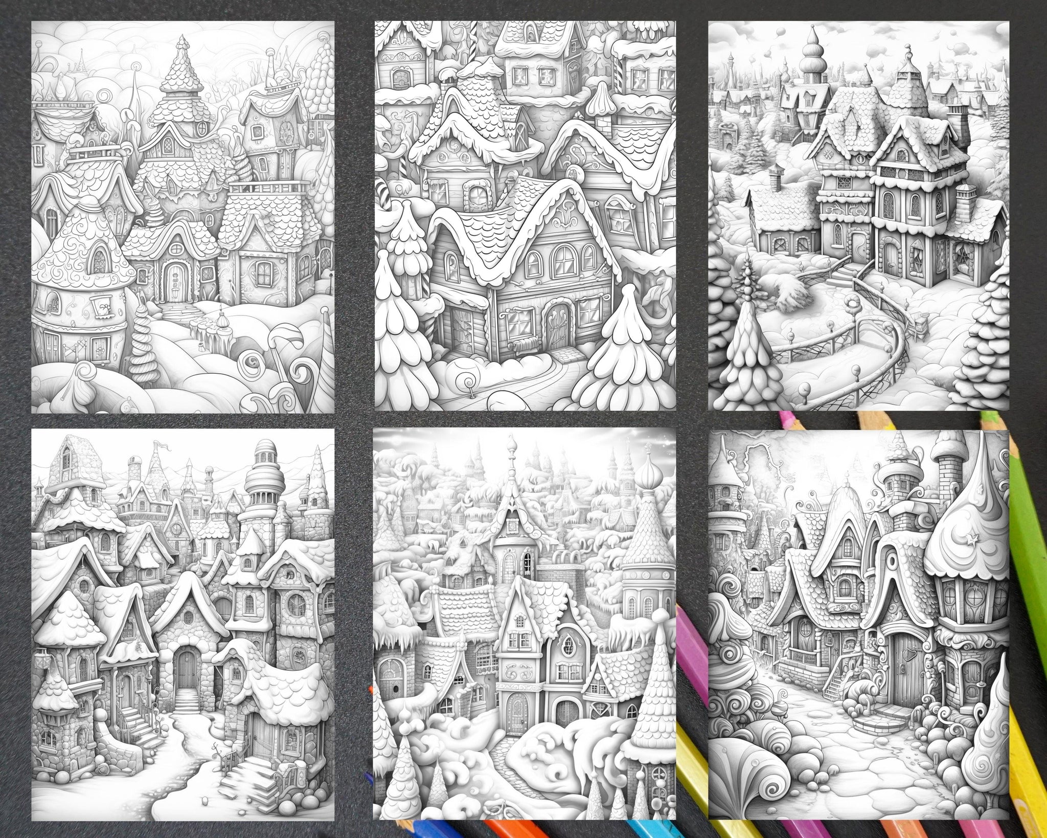 40 Gingerbread Village Grayscale Coloring Pages for Adults, Printable ...