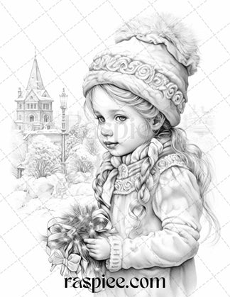 50 Vintage Christmas Girls Grayscale Coloring Pages for Adults and Kid ...