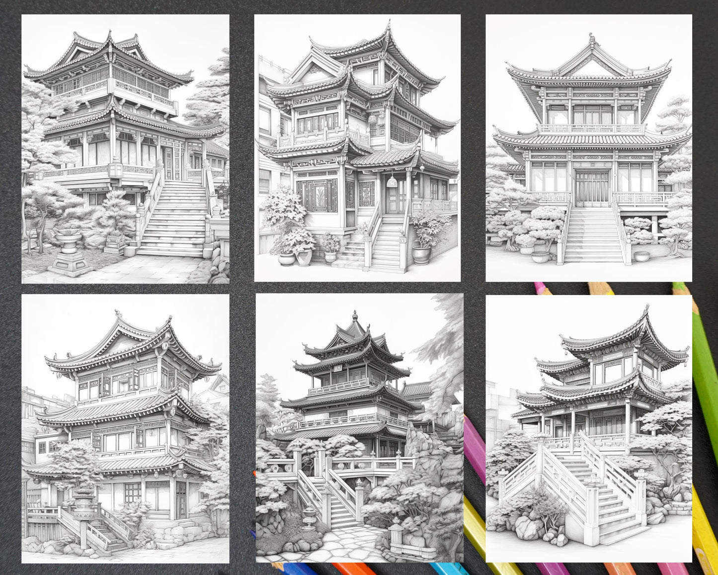 Traditional Chinese Houses Grayscale Coloring Pages, Printable Adult Coloring, Instant Download Art, Detailed Grayscale Images, Mindful Coloring Pages, DIY Stress Relief Art, Creative Coloring Sheets, Traditional Cultural Art