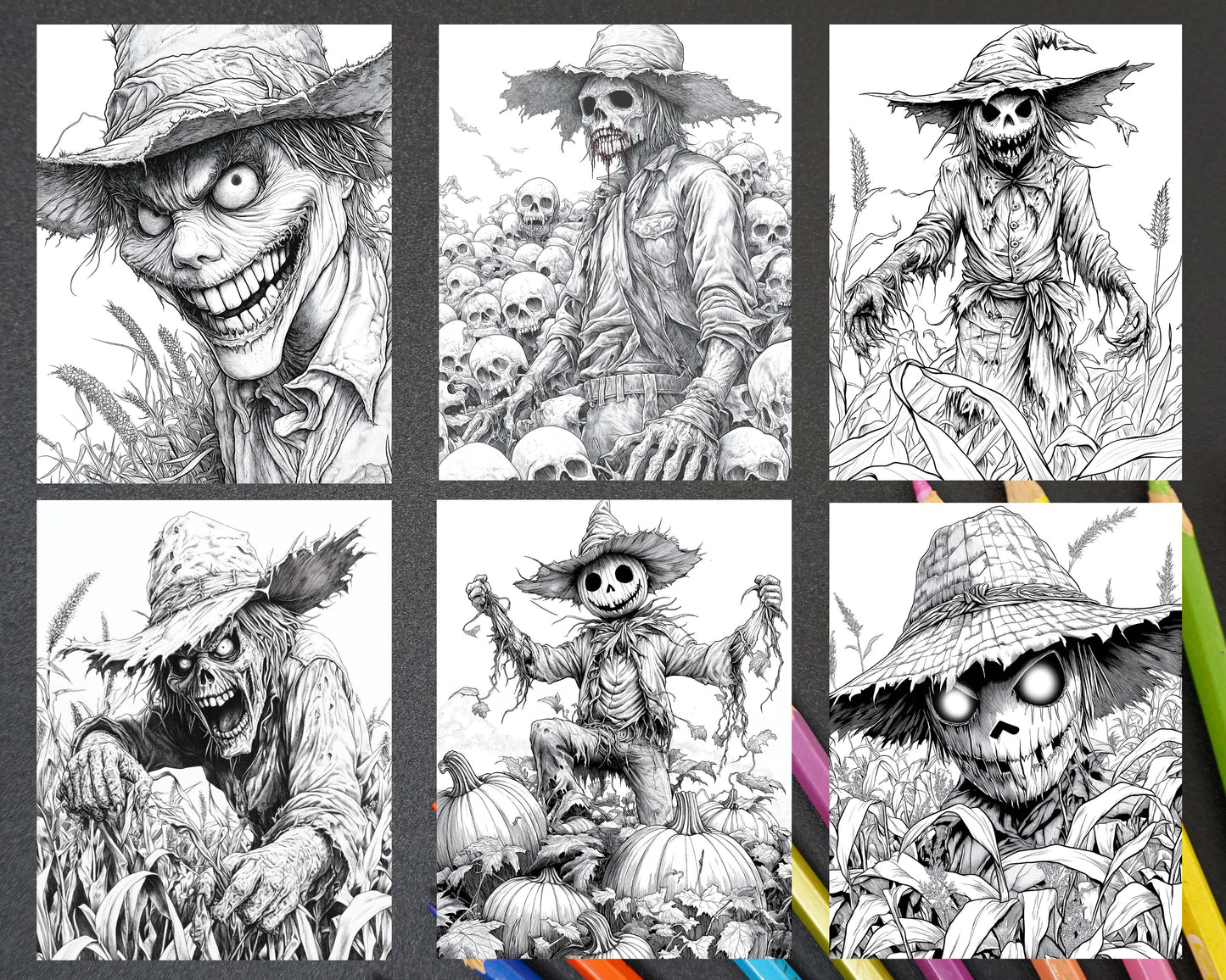 Horror Scarecrow Halloween Adult Coloring Pages Printable PDF Instant Download